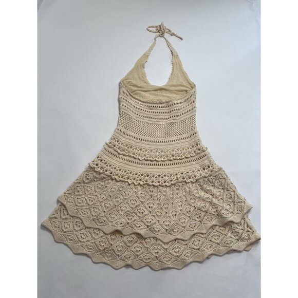 Vintage Y2K Moda International Crochet Mini Halter Dress in Tan - Picture 2 of 3